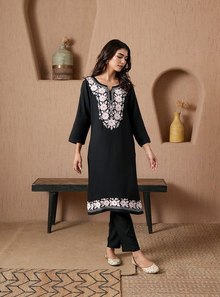 Qazmi Women's Mysa Kashmiri Aari Work Dark Wine Kurta Set