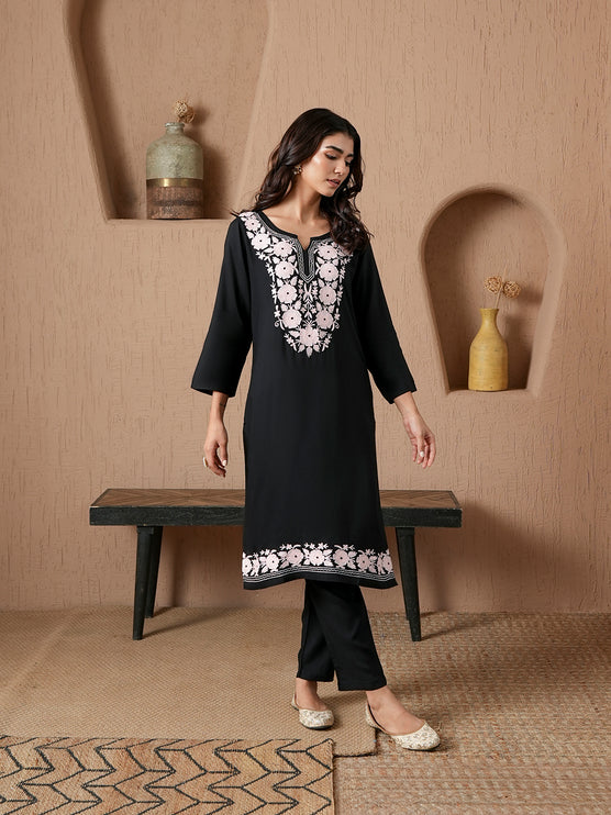 Qazmi Women's Mysa Kashmiri Aari Work Dark Wine Kurta Set