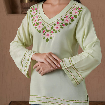 Qazmi Women's Amina Kashmiri Embroidered V-Neck Short Kurti