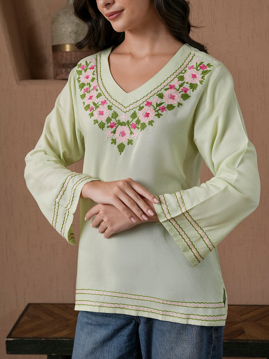 Qazmi Women's Amina Kashmiri Embroidered V-Neck Short Kurti