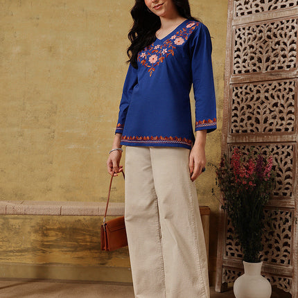 Qazmi Women's Nafisa Kashmiri Aari Work V-Neck Blue Kurti