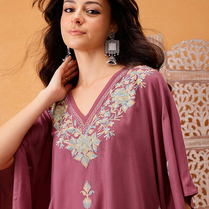 Qazmi Hannah V-Neck Flared Sleeves Aari Work Kaftan Kurti