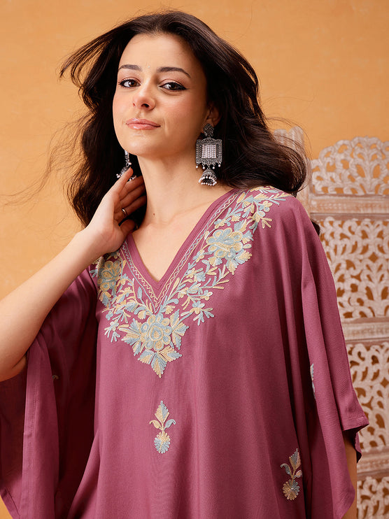 Qazmi Hannah V-Neck Flared Sleeves Aari Work Kaftan Kurti