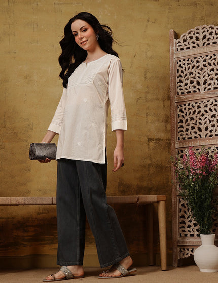 Qazmi Women's Pure Cotton Kashmiri Aari Work White Kurti
