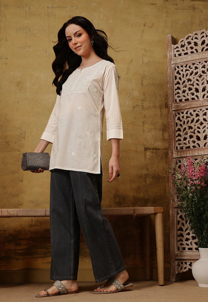 Qazmi Women's Pure Cotton Kashmiri Aari Work White Kurti