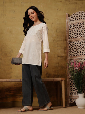 Qazmi Women's Pure Cotton Kashmiri Aari Work White Kurti