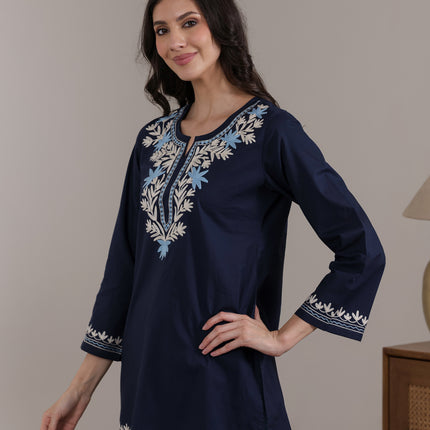 Qazmi Women Aari Embroidered Pure Cotton Short Kurta with Full Sleeves