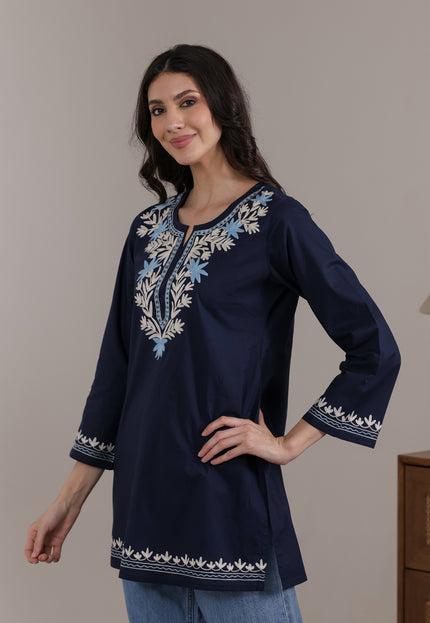 Qazmi Women Aari Embroidered Pure Cotton Short Kurta with Full Sleeves