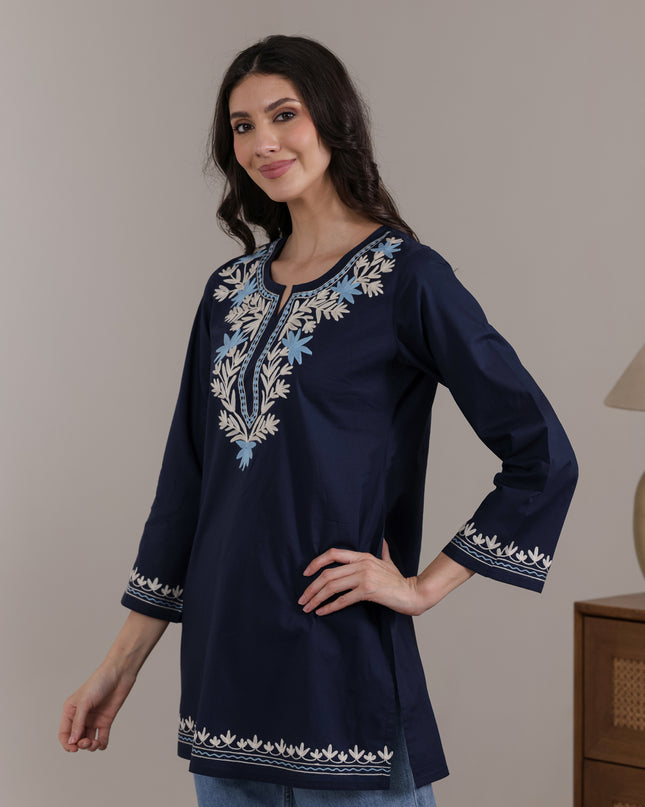 Qazmi Women Aari Embroidered Pure Cotton Short Kurta with Full Sleeves
