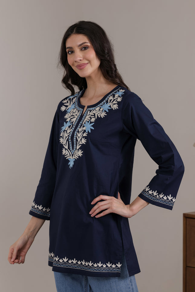 Qazmi Women Aari Embroidered Pure Cotton Short Kurta with Full Sleeves