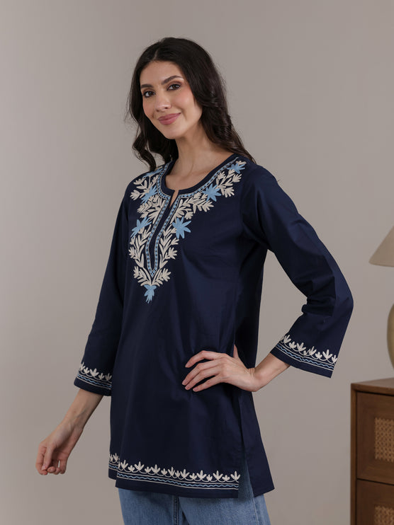 Qazmi Women Aari Embroidered Pure Cotton Short Kurta with Full Sleeves