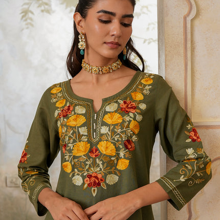 Qazmi Women's Zaynab Kashmiri Aari Work Cotton Linen Olive Green Kurta