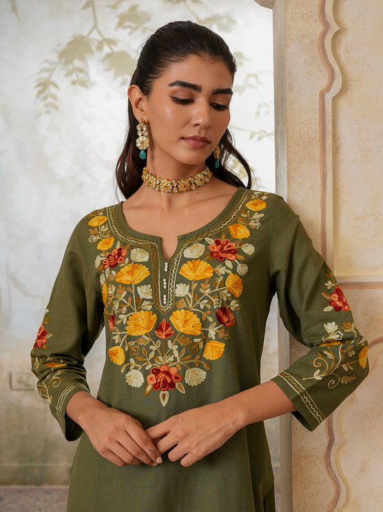 Qazmi Women's Zaynab Kashmiri Aari Work Cotton Linen Olive Green Kurta