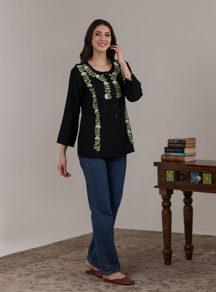 Qazmi Women Aari Embroidered Cotton Linen Buttoned Top
