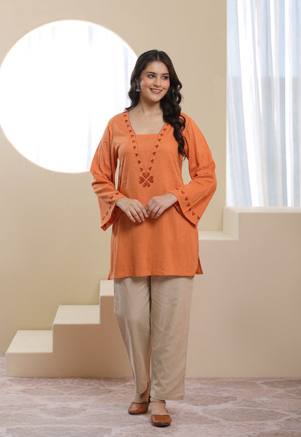 Qazmi Women Pure Cotton Square-Neck Aari  Embroidered Short Kurti