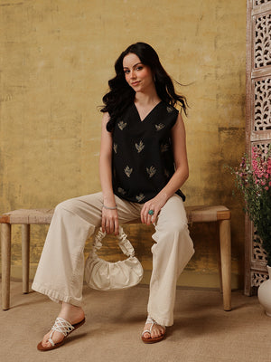 Qazmi Women's Aari Work Sleeveless Peplum Cotton Kurti