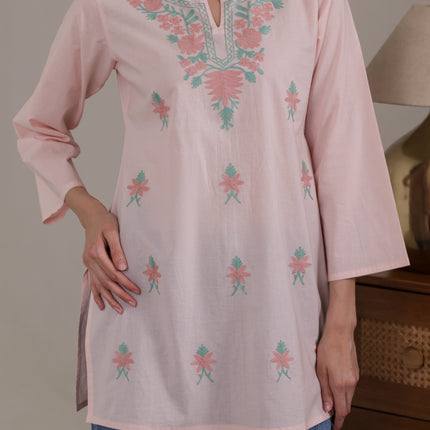 Qazmi Women's Aari Embroidered Pure Cotton Short Kurta
