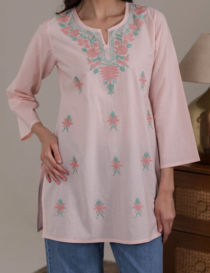 Qazmi Women's Aari Embroidered Pure Cotton Short Kurta