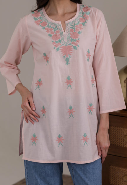 Qazmi Women's Aari Embroidered Pure Cotton Short Kurta