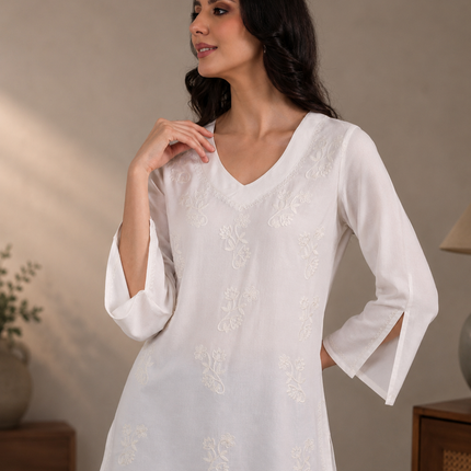 Qazmi Women Kashmiri Aari Embroidered Viscose Rayon Flared Sleeves Short Kurti