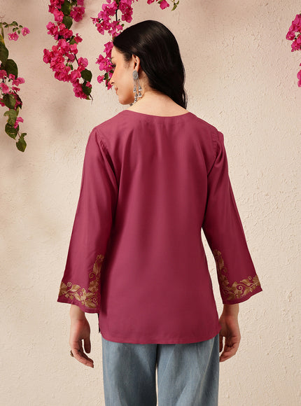 Qazmi Women's Jina V-Neck Kashmiri Aari Work Full Sleeves Kurti