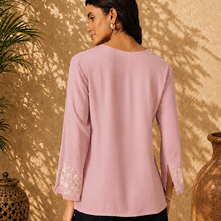 Qazmi Women's Sarah V-Neck Kashmiri Aari Work Full Sleeves Kurti
