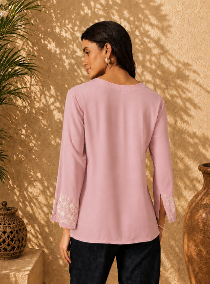Qazmi Women's Sarah V-Neck Kashmiri Aari Work Full Sleeves Kurti