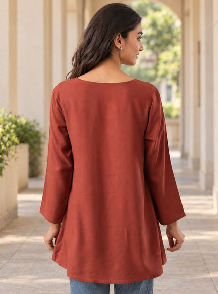 Qazmi Women's Azra Kashmiri A-Line Full Sleeves Viscose Rayon Short Kurti