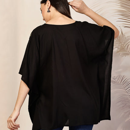 QAZMI Sheen V-Neck Flared Sleeves Kashmiri Aari Work Kaftan Kurti