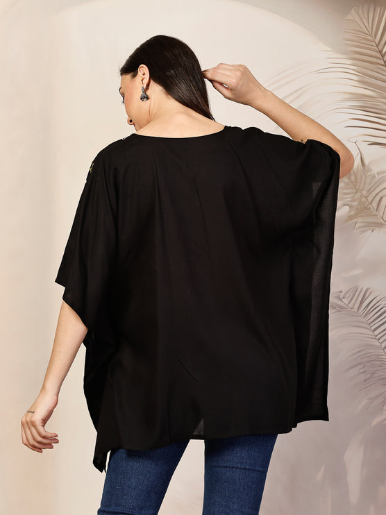 QAZMI Sheen V-Neck Flared Sleeves Kashmiri Aari Work Kaftan Kurti