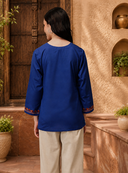 Qazmi Women's Nafisa Kashmiri Aari Work V-Neck Blue Kurti