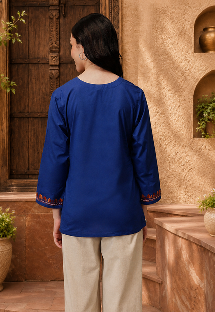 Qazmi Women's Nafisa Kashmiri Aari Work V-Neck Blue Kurti