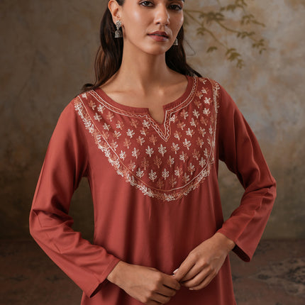 Qazmi Women's Azra Kashmiri A-Line Full Sleeves Viscose Rayon Short Kurti