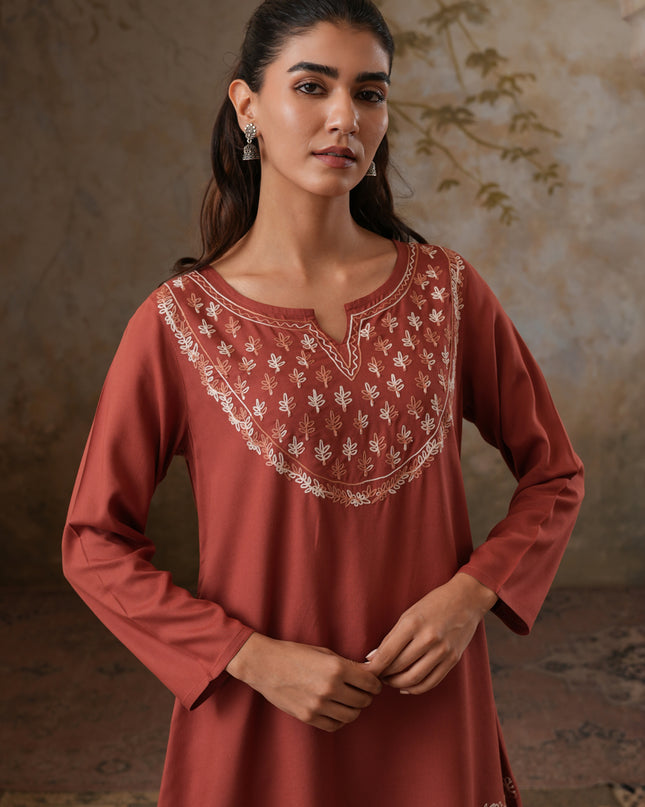 Qazmi Women's Azra Kashmiri A-Line Full Sleeves Viscose Rayon Short Kurti