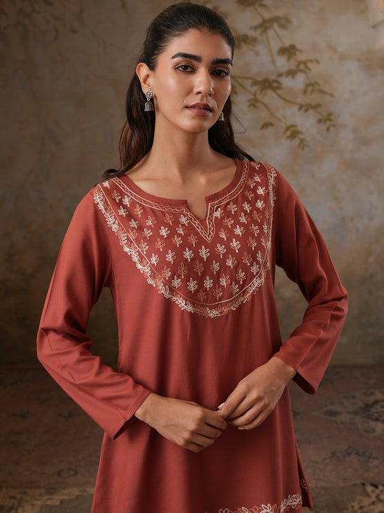 Qazmi Women's Azra Kashmiri A-Line Full Sleeves Viscose Rayon Short Kurti