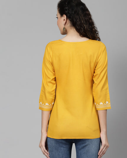 Musturd White Aari Short Kurti For Women