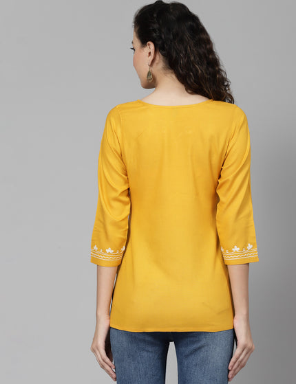 Musturd White Aari Short Kurti For Women