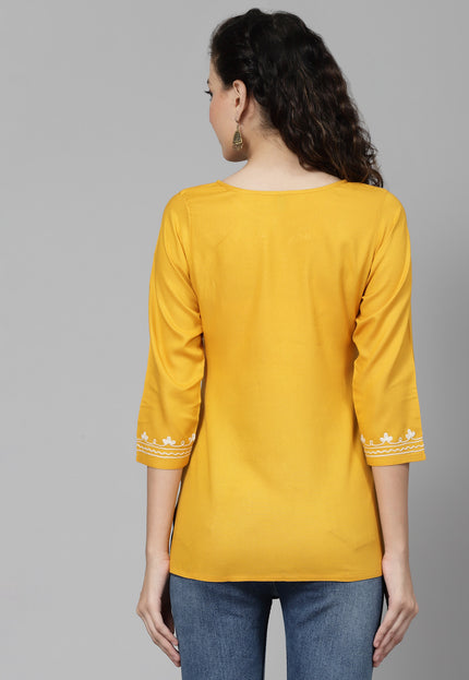 Musturd White Aari Short Kurti For Women