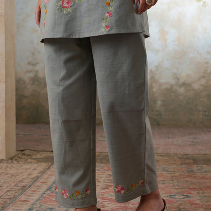 Qazmi Women's Mehreen Kashmiri Aari Work Pearl Studded Cotton Linen CoOrd