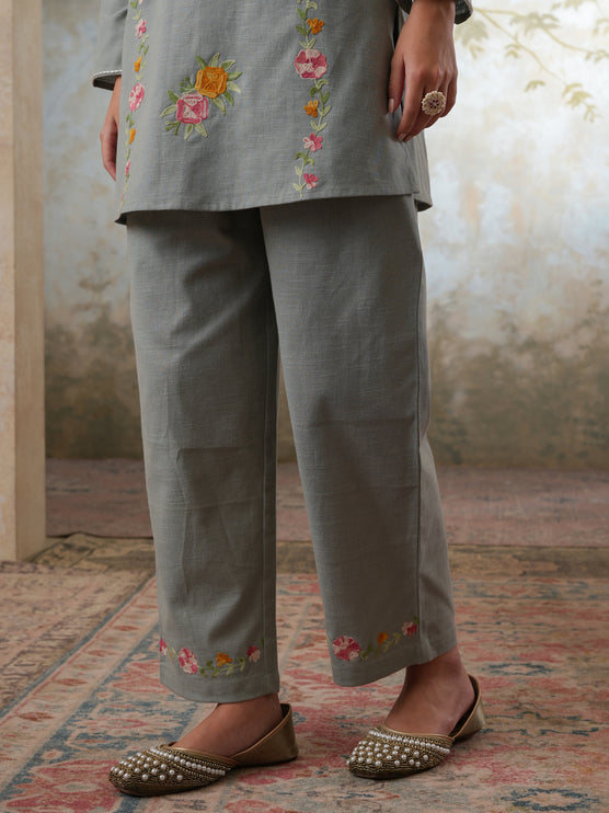 Qazmi Women's Mehreen Kashmiri Aari Work Pearl Studded Cotton Linen CoOrd