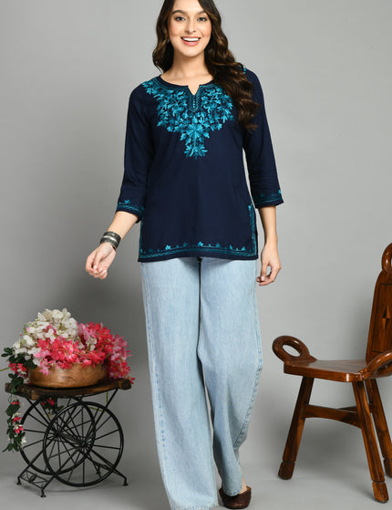 Blue Rama Green Aari Short Kurti For Women