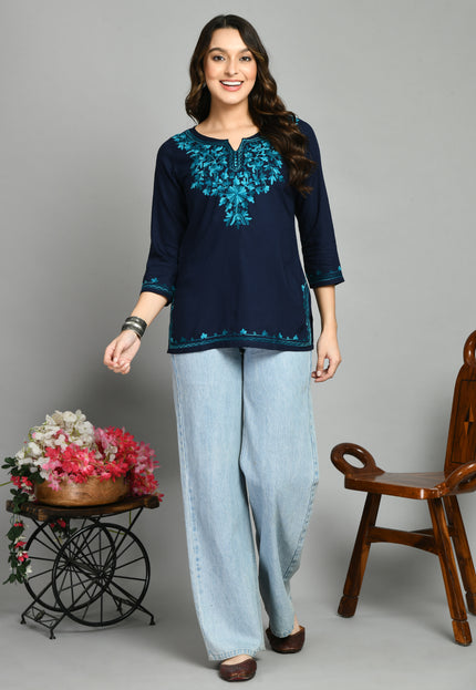 Blue Rama Green Aari Short Kurti For Women