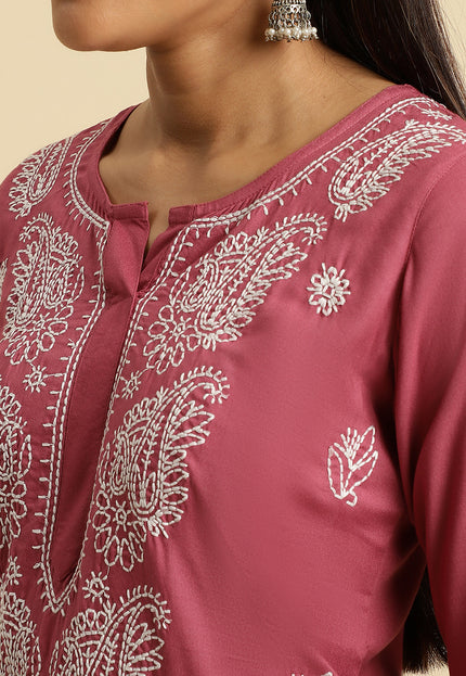 Light Wine Chikan Long Kurti For Women