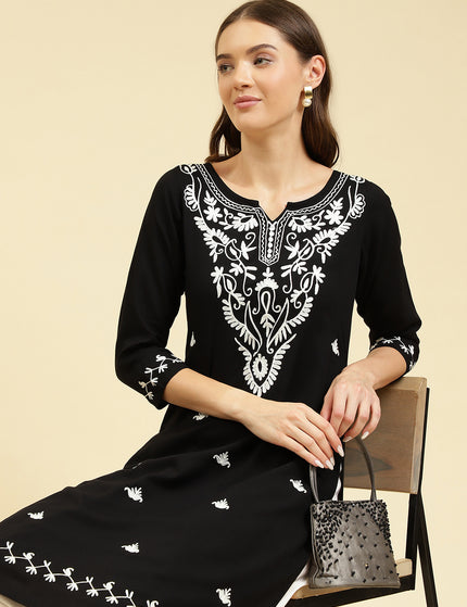 Black Off White Boota Aari Long Kurti For Women