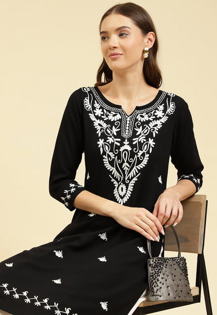Black Off White Boota Aari Long Kurti For Women