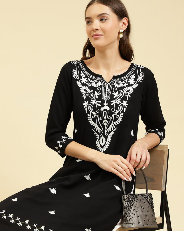Black Off White Boota Aari Long Kurti For Women