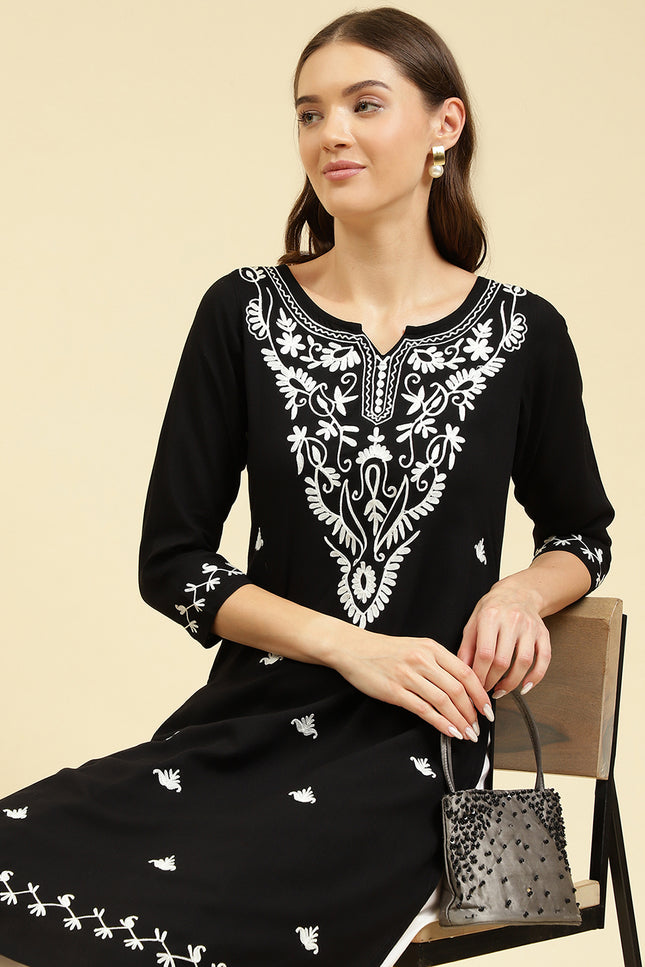 Black Off White Boota Aari Long Kurti For Women