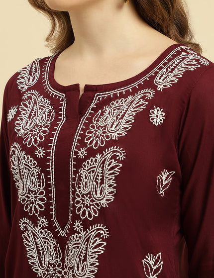 Wine ChikanKari Long Kurti Kurti For Women