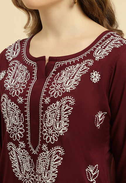 Wine ChikanKari Long Kurti Kurti For Women