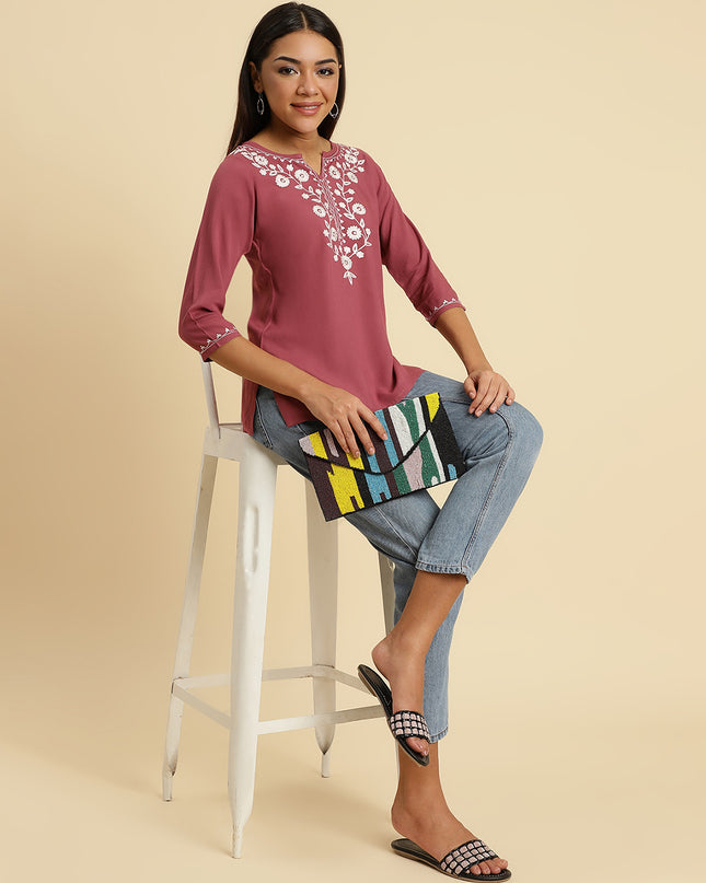 Light Wine Silk Short Kurti For Women
